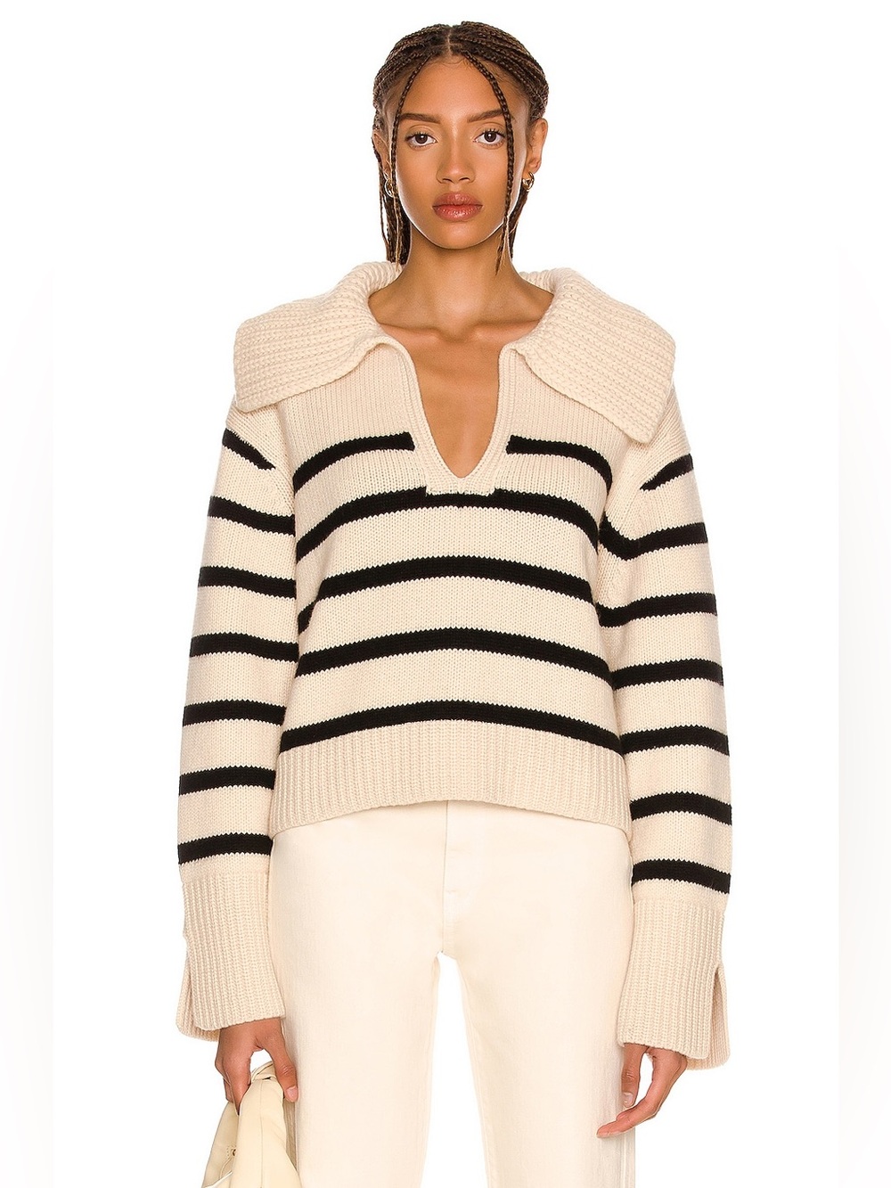KHAITE 100% Mongolian Cashmere Cream and Black Striped V-Neck Sweater Size Small